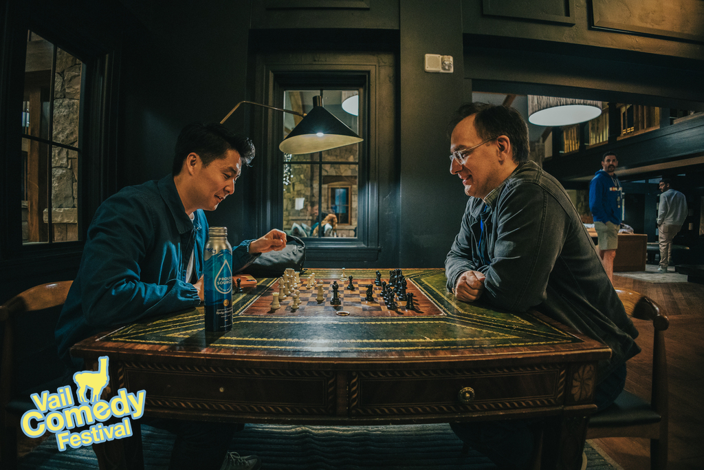 Vail Comedy Festival 2023 - Peter Wong and Adam Muller face off in a chess match at The Sebastian Hotel.